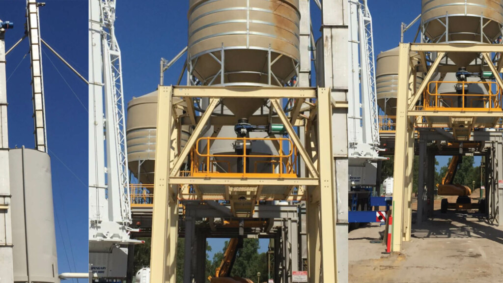 Two pictures of a concrete mixer and a cement silo, showcasing the product.